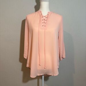 Decree- Sheer Peachy Pink, 3/4 Sleeves, Blouse w/Lace-Up Detailing Size Small